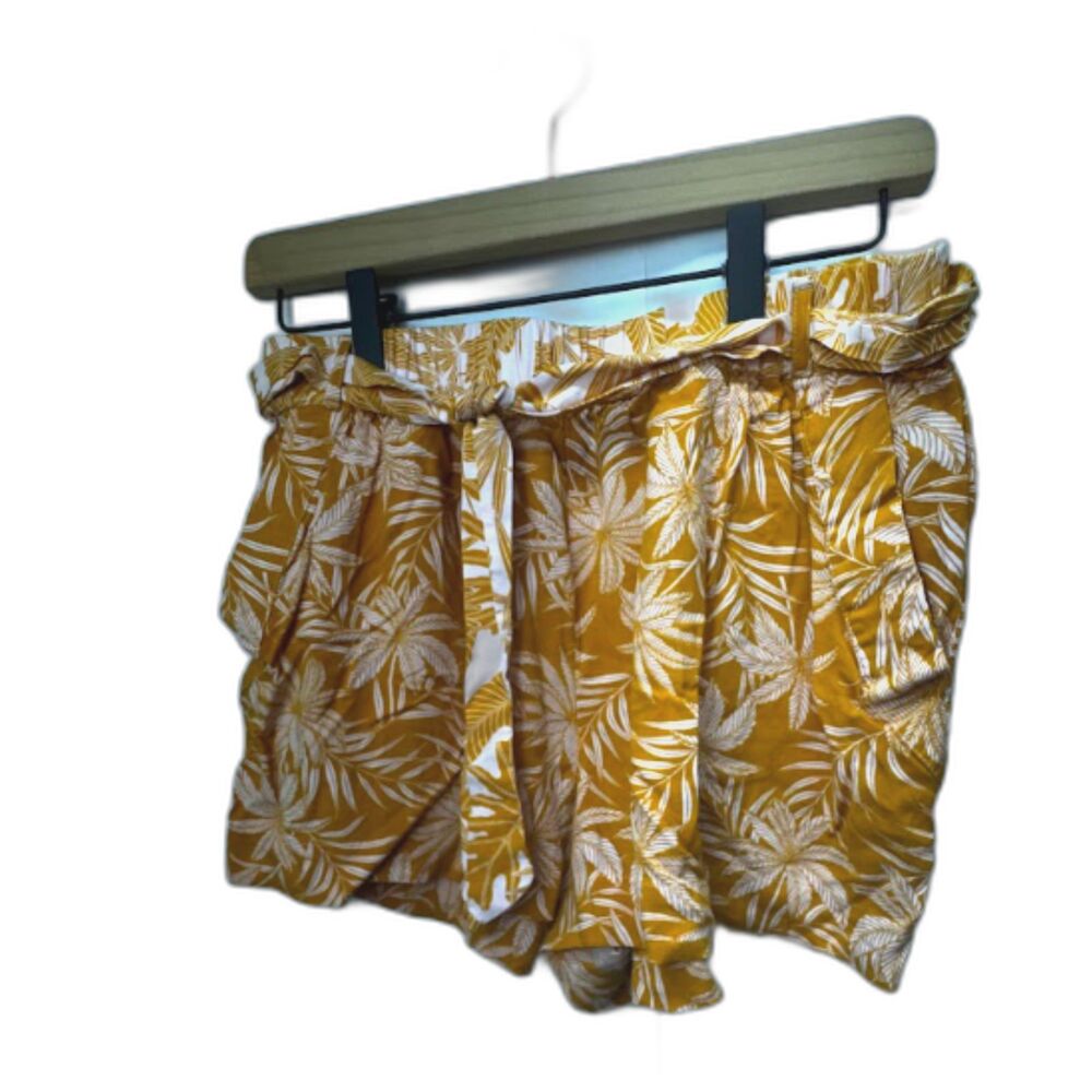 Resort Tropical Paperbag Shorts Large Mustard Yellow Pink‎ Floral Tie Waist